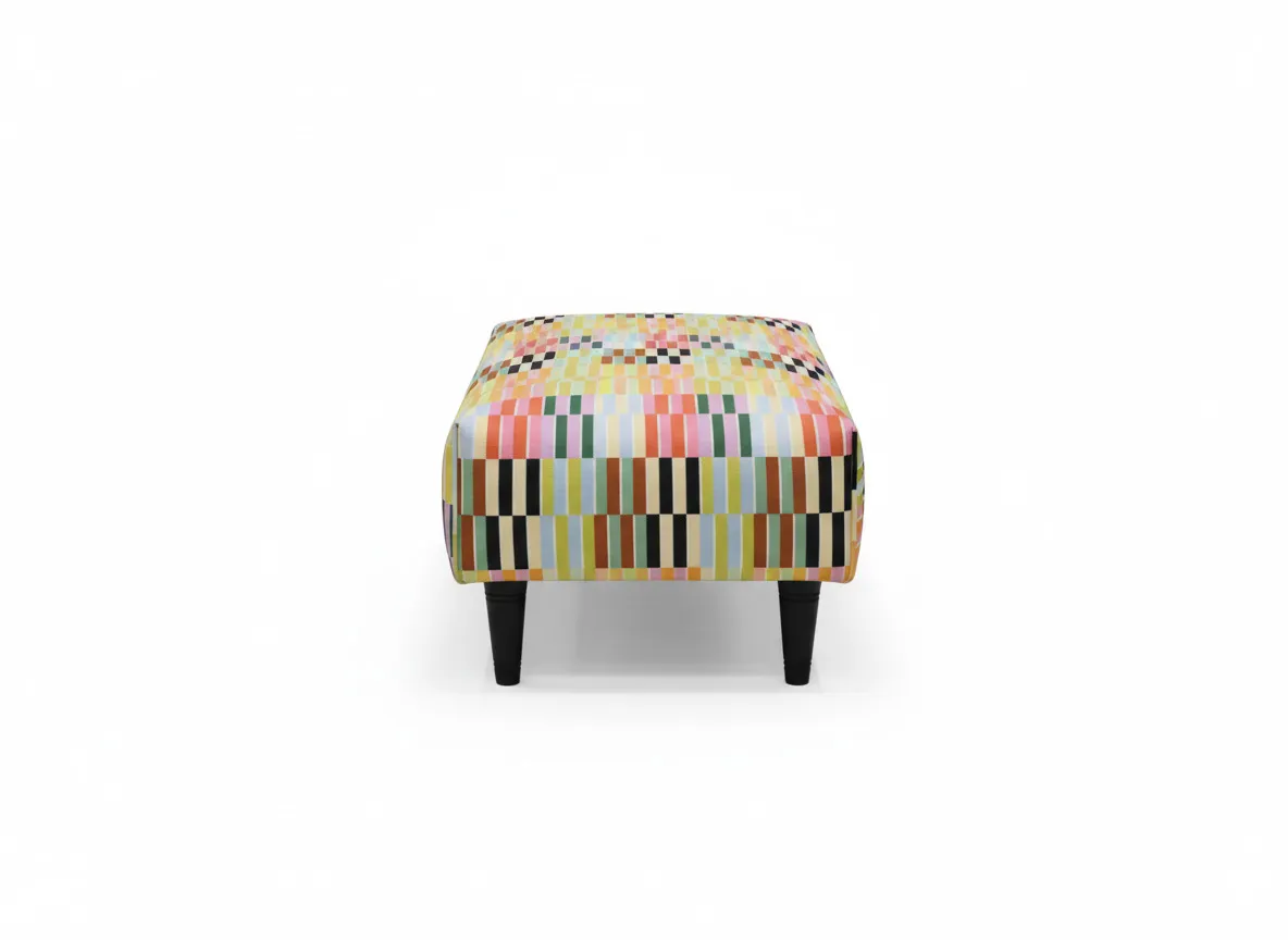 A rectangular footstool in a multi colour strip fabric from EZ Livings Kenmare range. Front view
