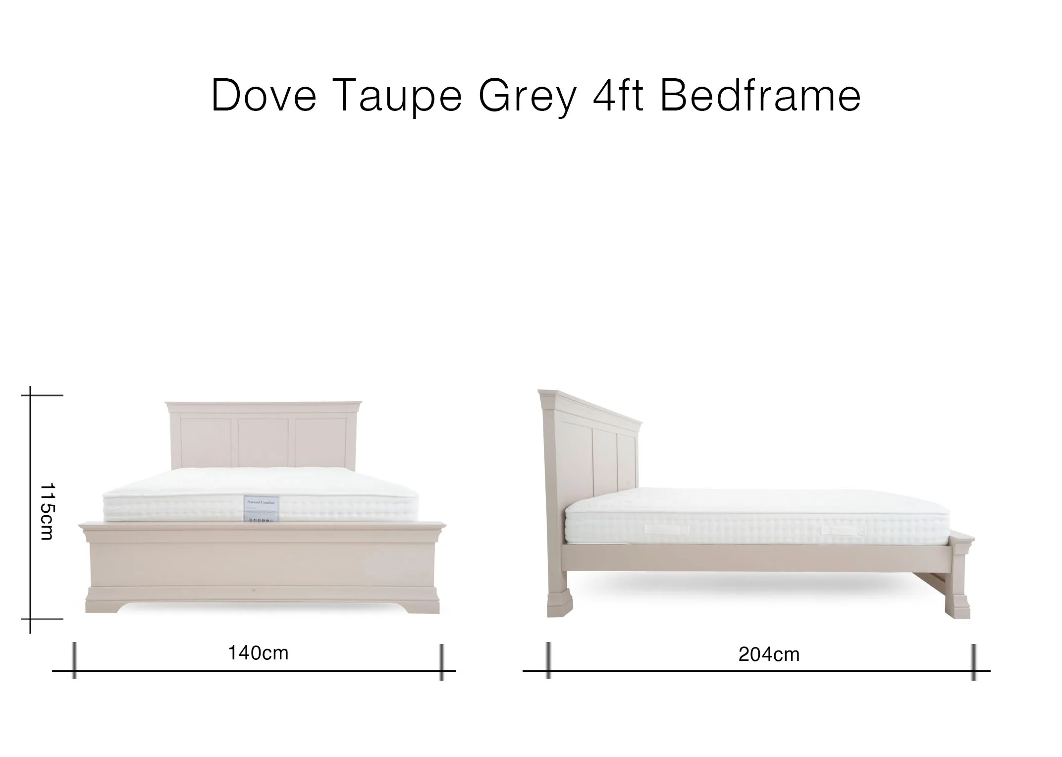A dimension image of the Dove Taupe 4ft Bedframe with 115cm H x 140cm x 204cm