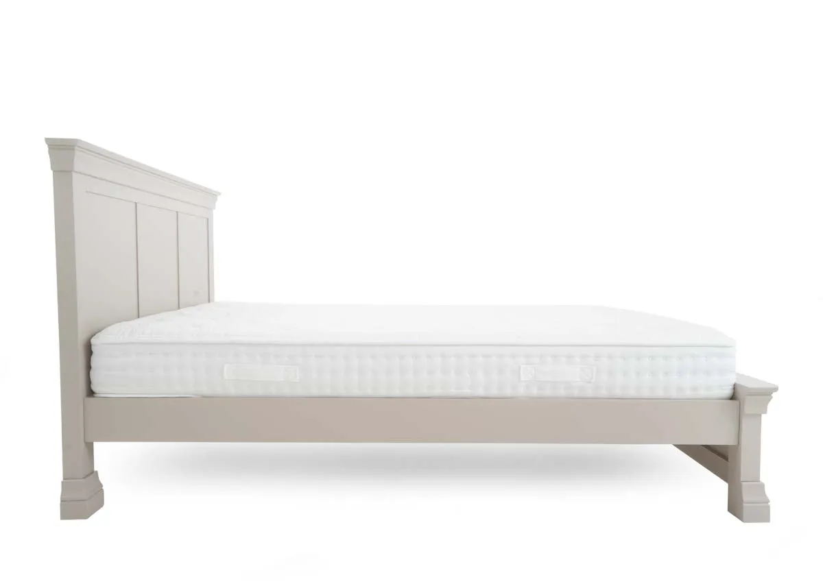 A taupe grey bed from EZ Livings Dove range. Side view of bed with mattress not inclluded