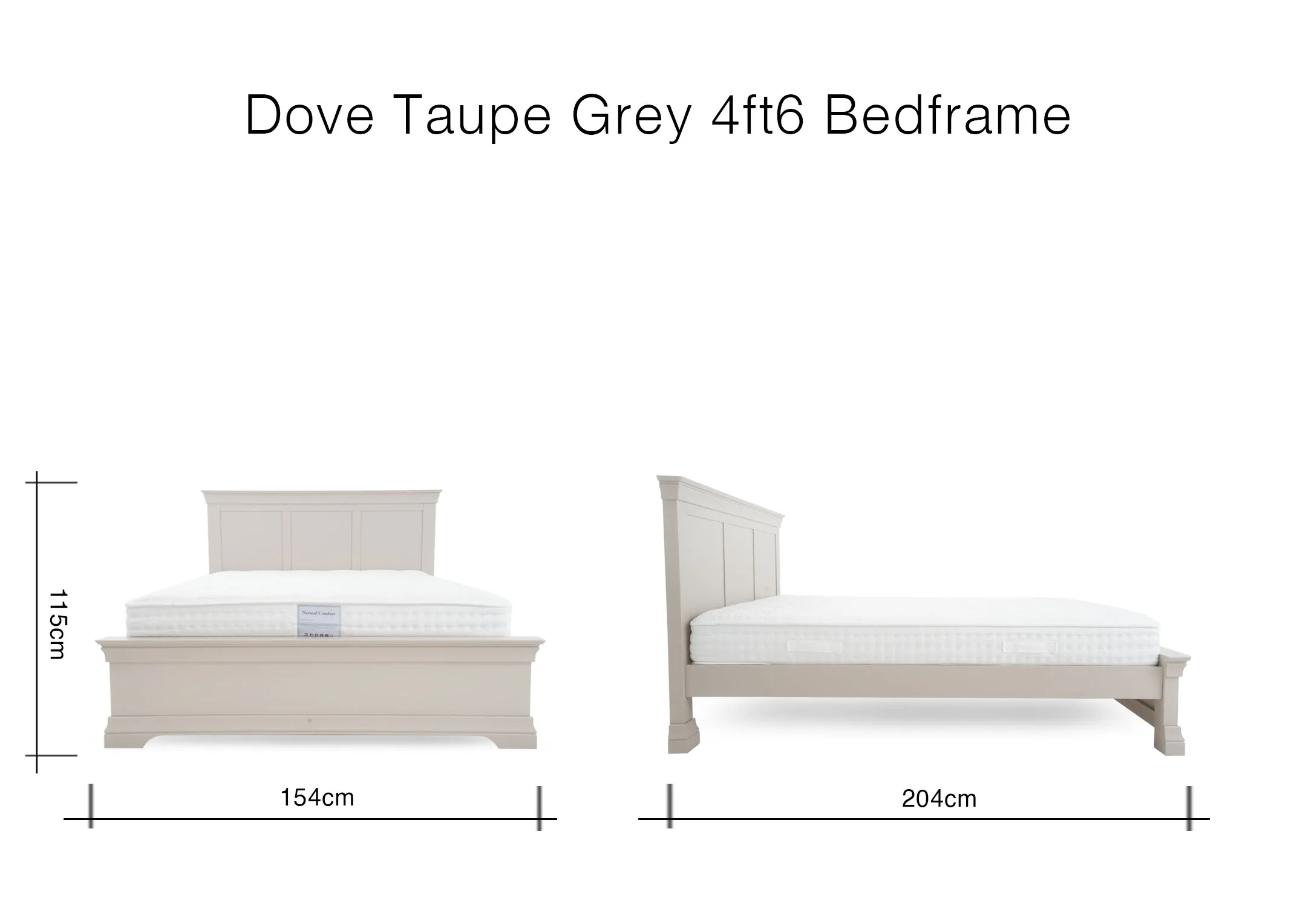 A dimension image of the Dove 4ft 6 bedframe with 154cm x 204cm x 115cm