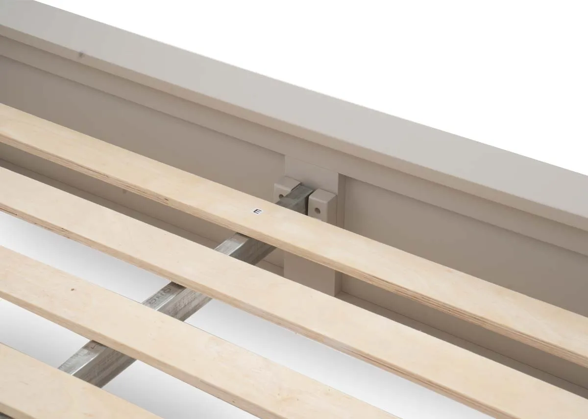 A taupe grey 5ft bed from EZ Livings Dove range. Closeup of slat frame for mattress.