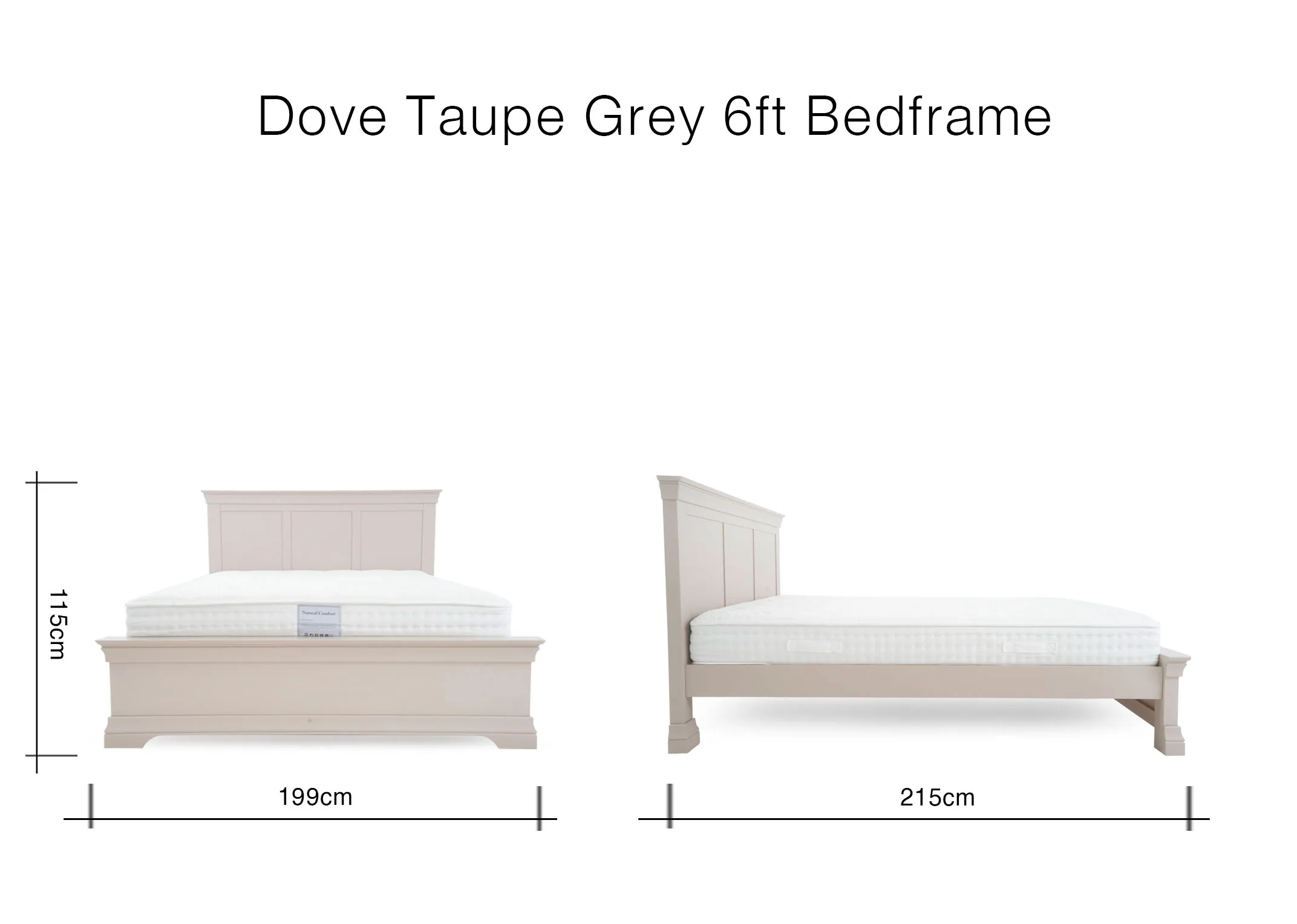 A dimension image of the Dove Taupe Bedframe with 199cm x 215xm x 115cm