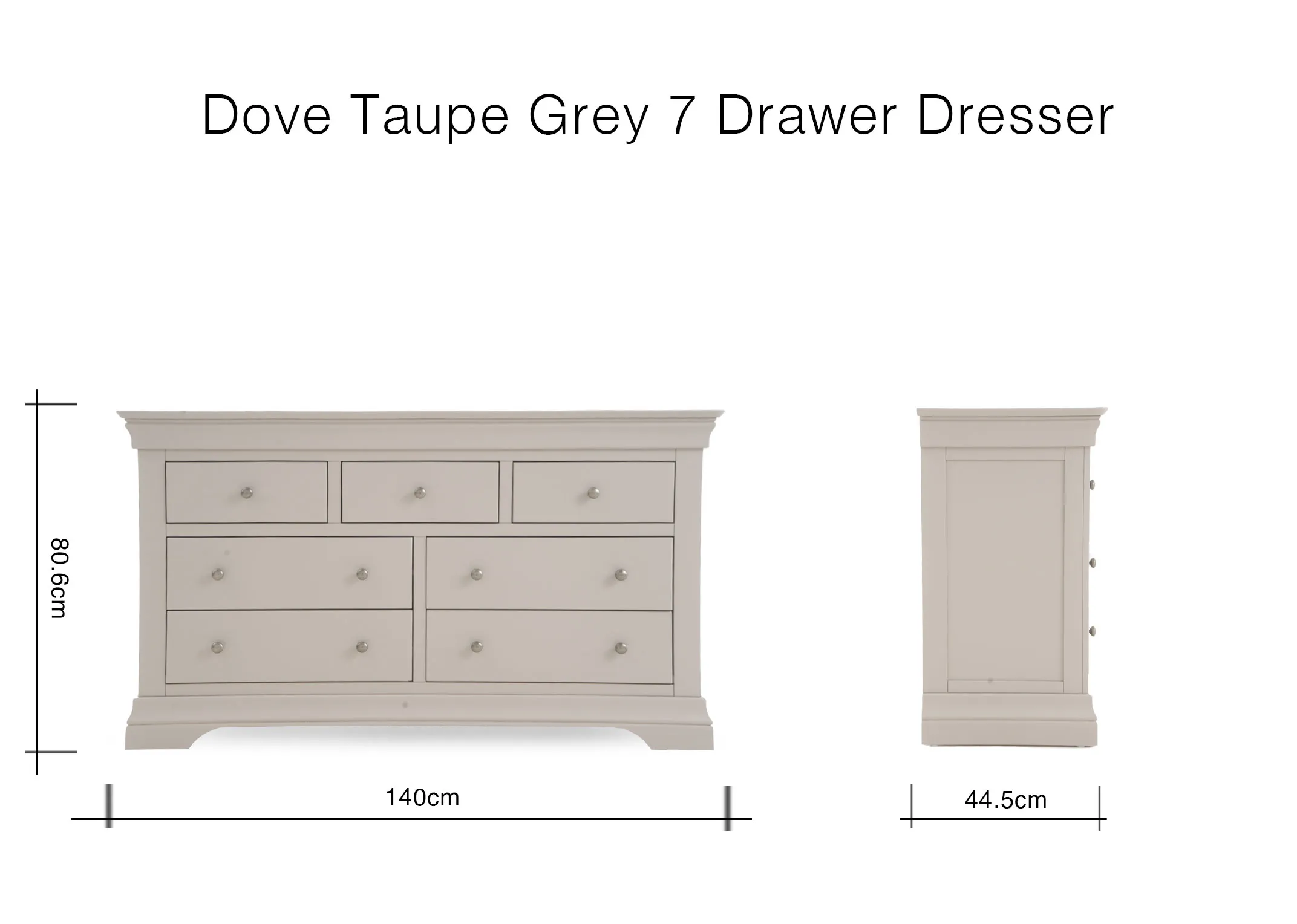 A dimension image of the Dove Taupe Dresser with 140cm x 80.6cm