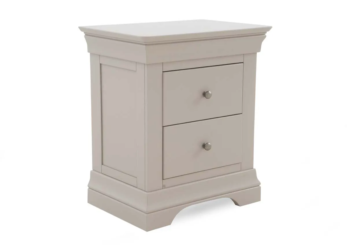 A 2 drawer taupe bedside locker from EZ Livings Dove range. Angled view.