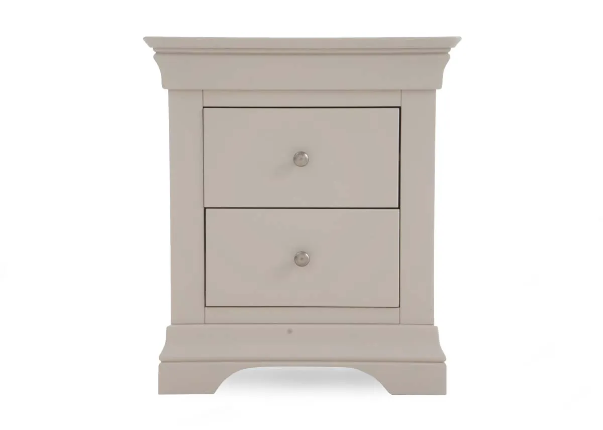 A 2 drawer taupe bedside locker from EZ Livings Dove range.Front view of framed top and carved base