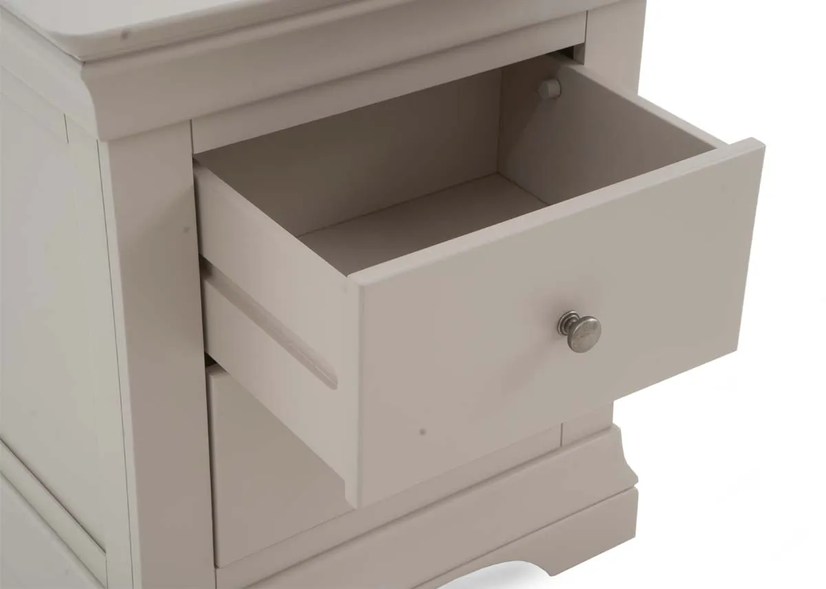 A 2 drawer taupe bedside locker from EZ Livings Dove range.Closeup of drawer open