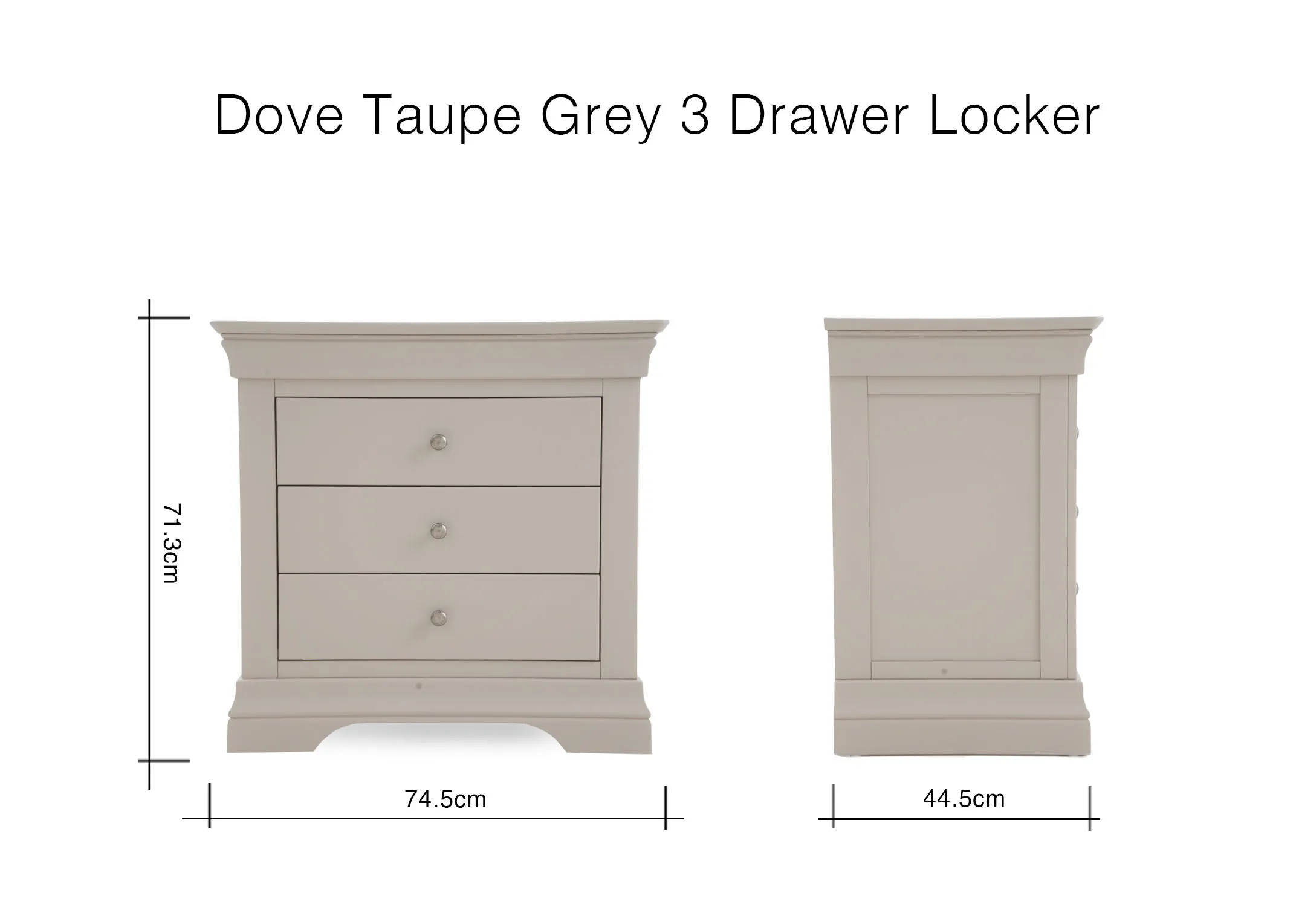 A dimension image of the Dove Taupe Grey Locker with 74.5cm x 44.5cm x 