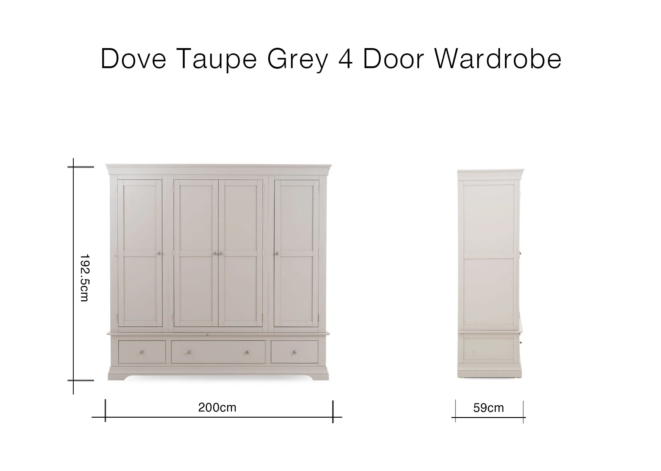 A dimension image of the Dove Taupe 4 Door Wardrobe with 200cm x 192.5cm