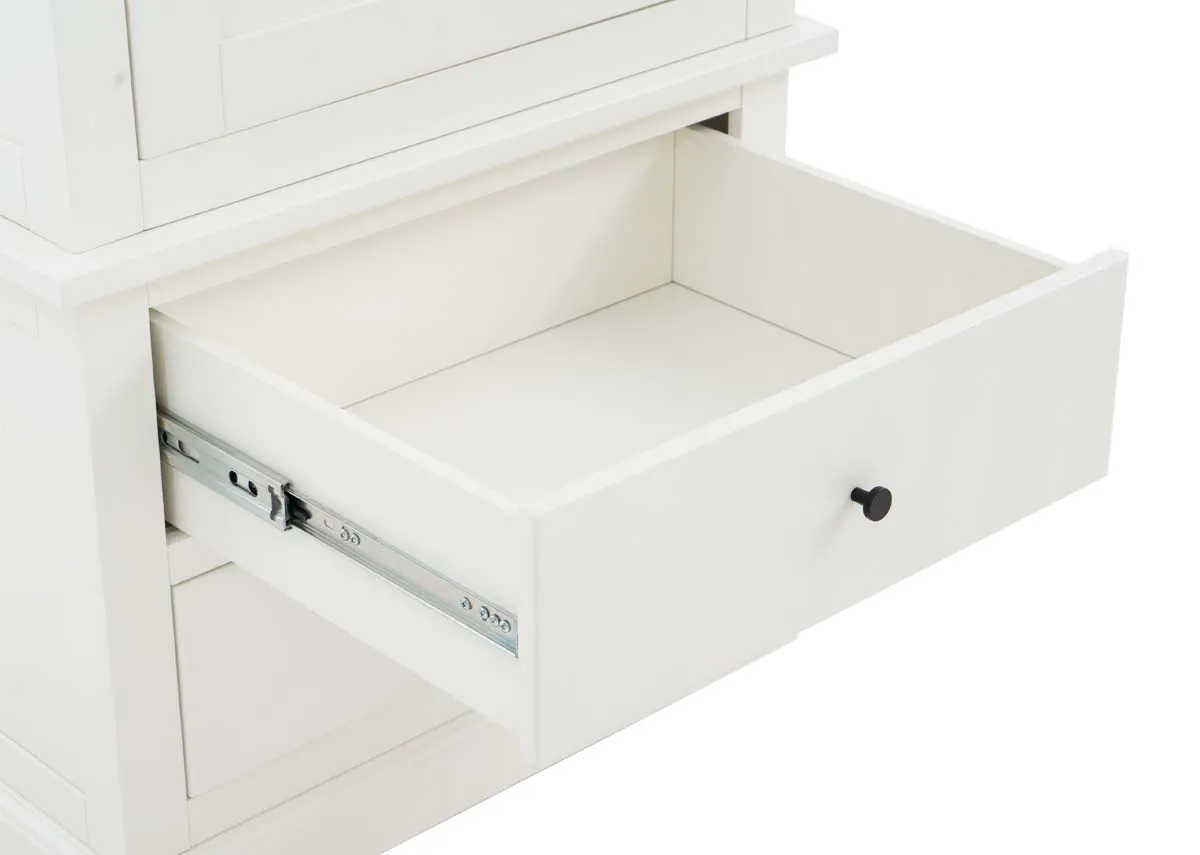 A 1 door 2 drawer white wardrobe from EZ Livings Atlas range. Front view of wardrobe with panel edge