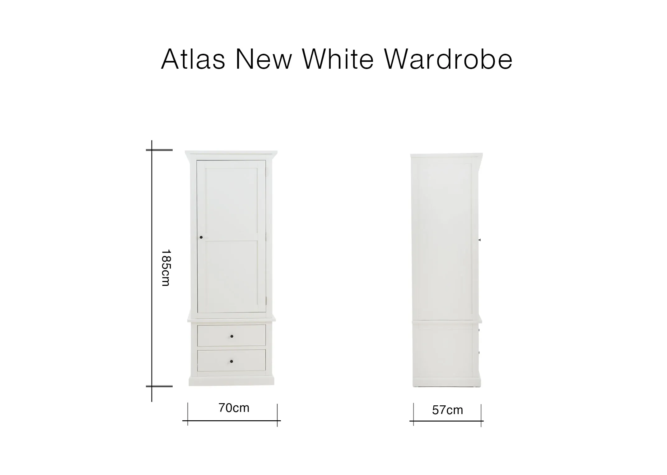 A dimension image of the Atlas New White wardrobe with 70cm x 57cm x 185cm