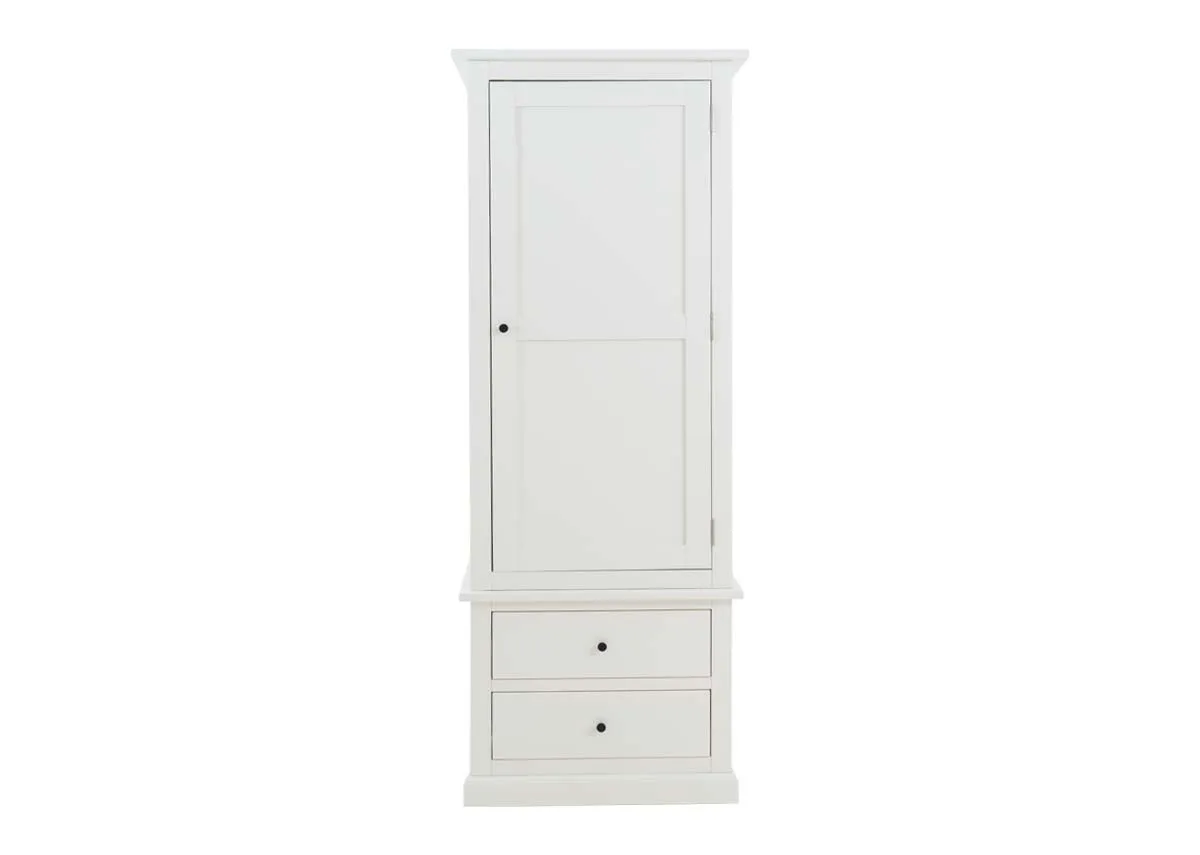 A 1 door 2 drawer white wardrobe from EZ Livings Atlas range. Front view with door open.