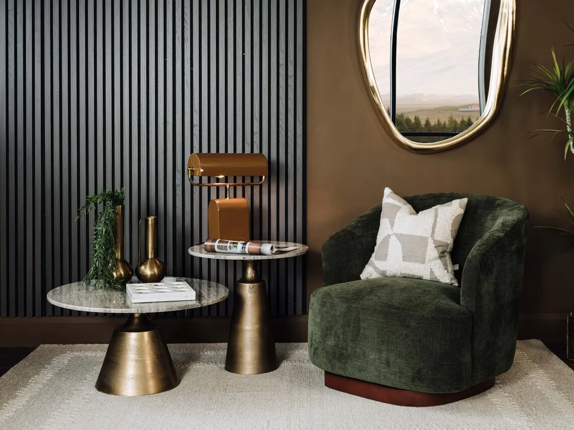 A lifetsyle image of the Dalton swivel chair with Pyramid tables and Delfina mirror.