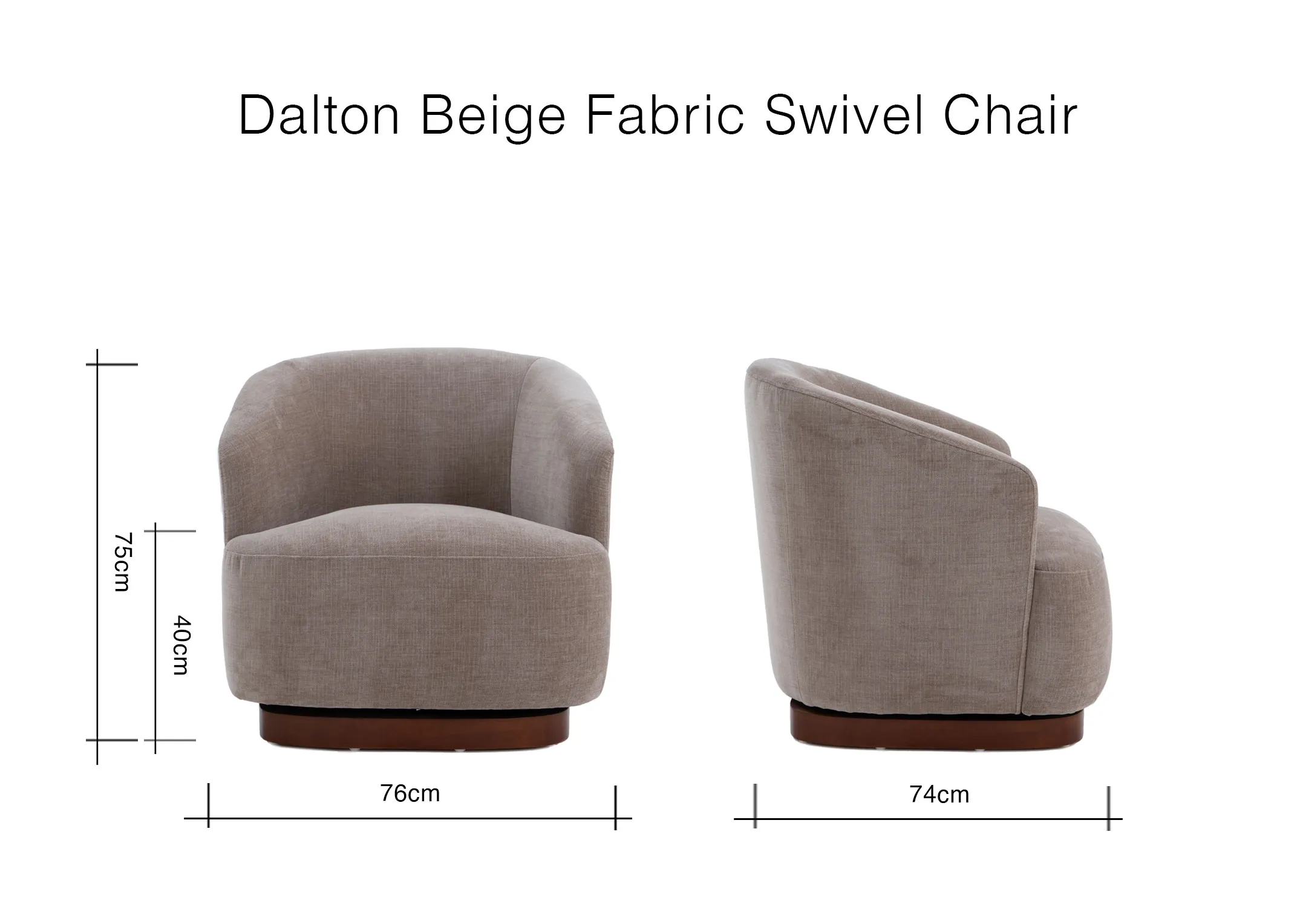 A dimension image of the Dalton beige chair with 76cm x 74cm x 75cm