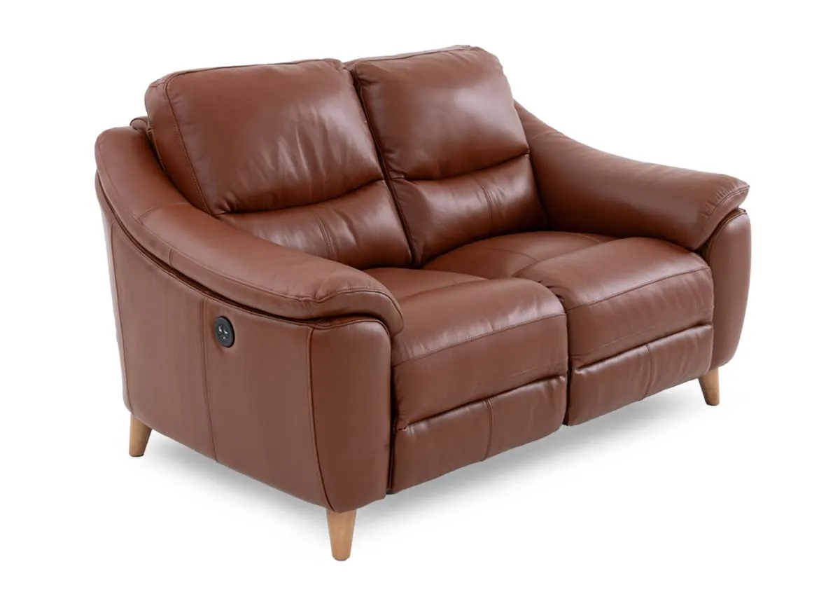 A 2 seater brown leather sofa from EZ Livings Blaze range. Angled view of padded armrests.