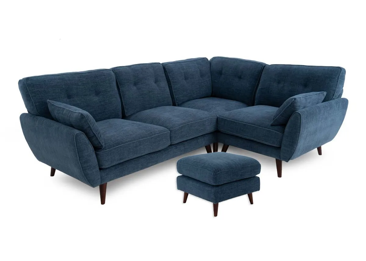 Denim Blue Fabric RHF Corner Sofa with Free Footstool - Caoimhe