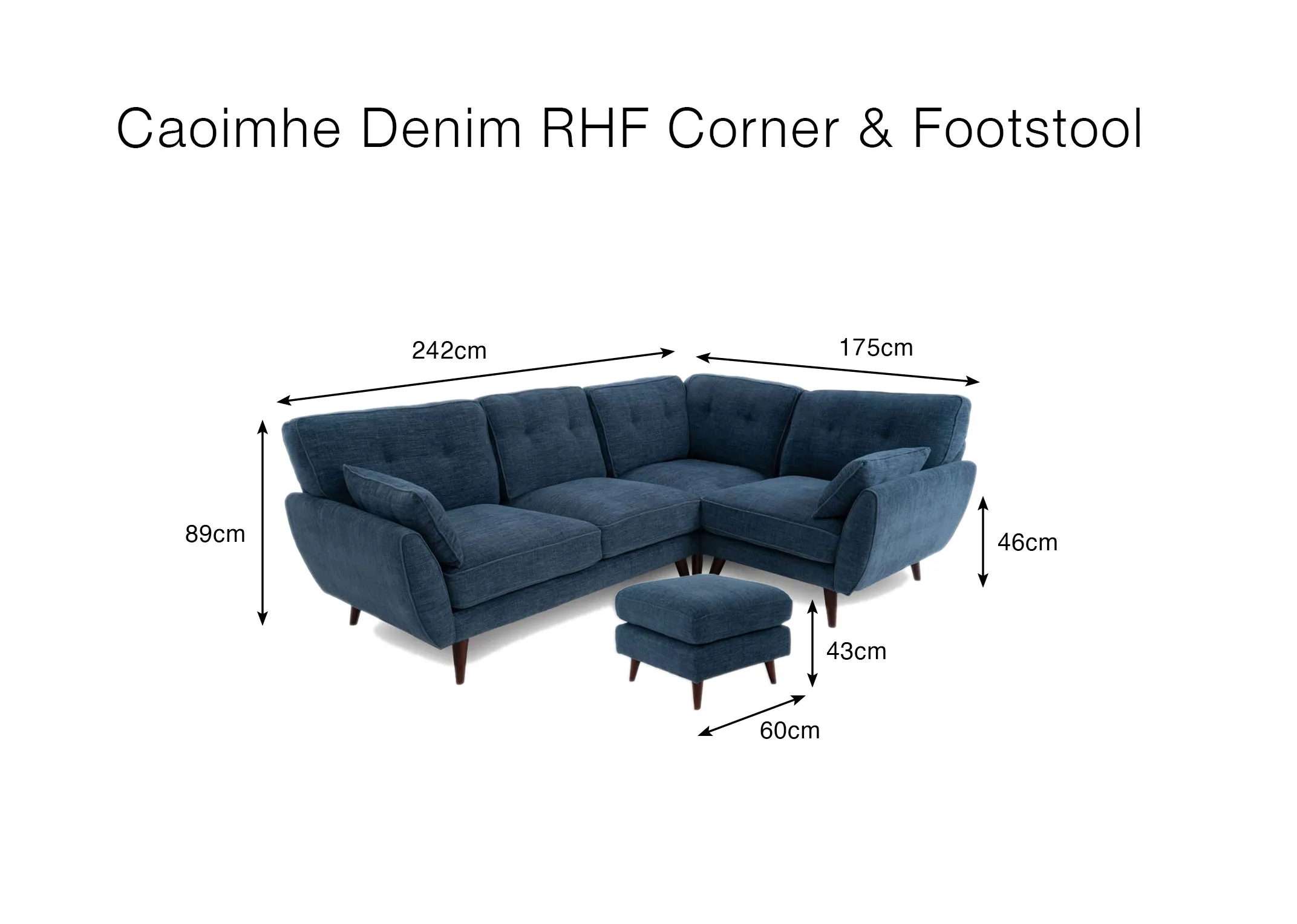 A dimension image of the Caoimhe RHF Corner sofa and stool with 242cm x 175cm