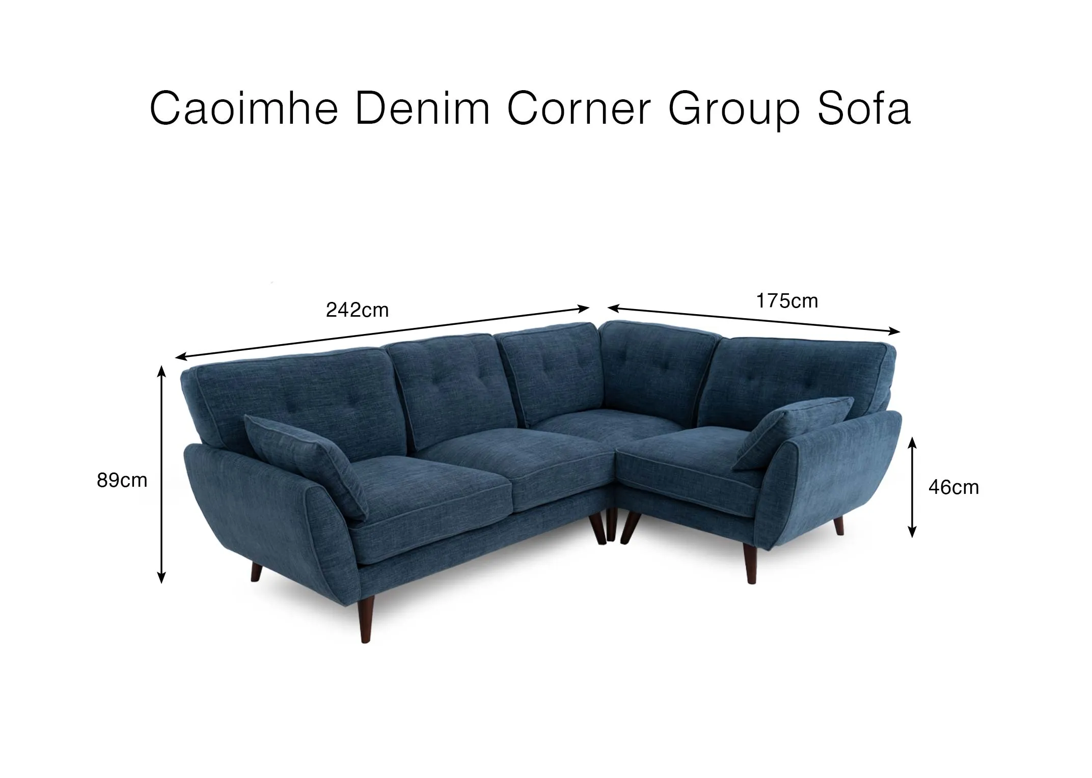 A dimension image of the Caoimhe denim corner sofa with 242cm x 175cm x 89cm