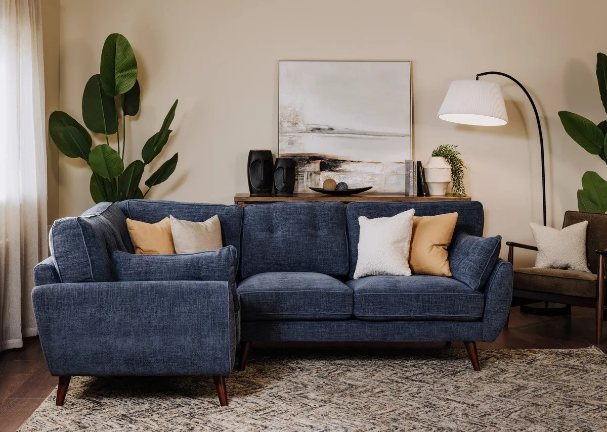 Denim Blue Fabric LHF Corner Sofa with Free Footstool - Caoimhe