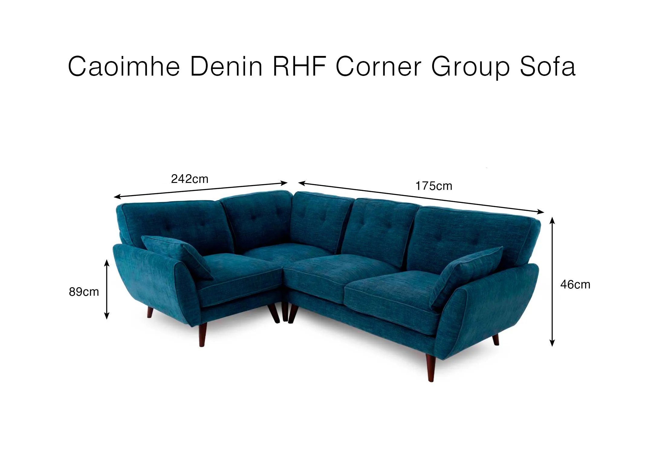 A dimension image of the Caoimhe denim corner sofa with 242cm x 175cm x 89cm