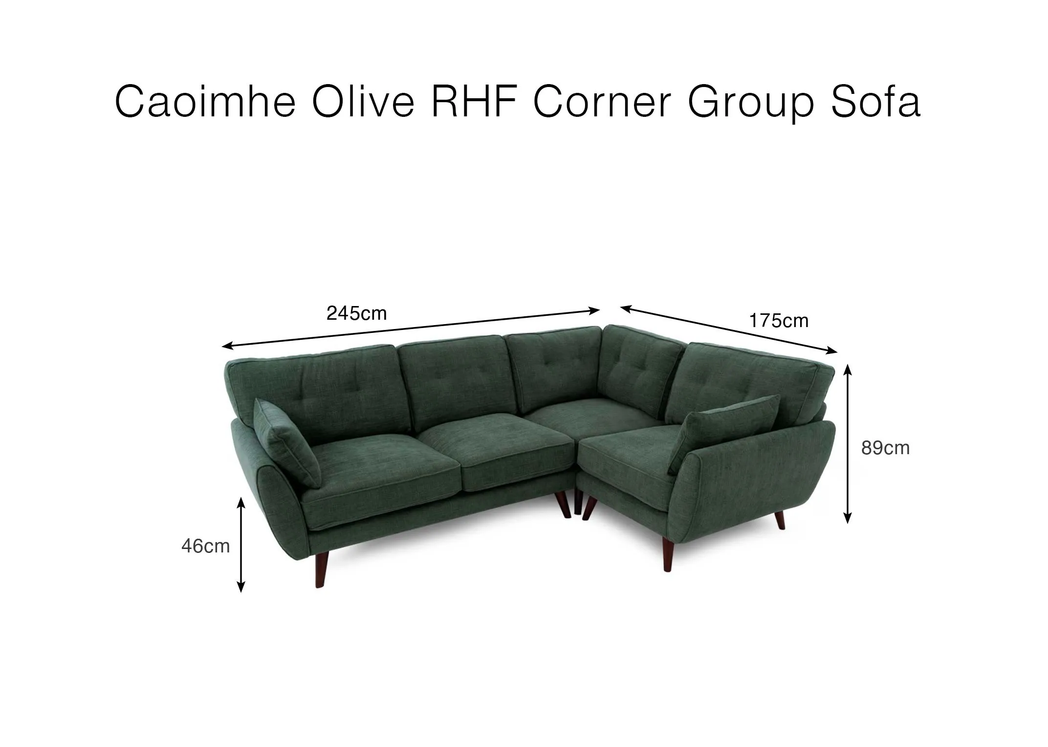 A dimension image of the Caoimhe Olive corner sofa with 245cm x 175cm x 89cm