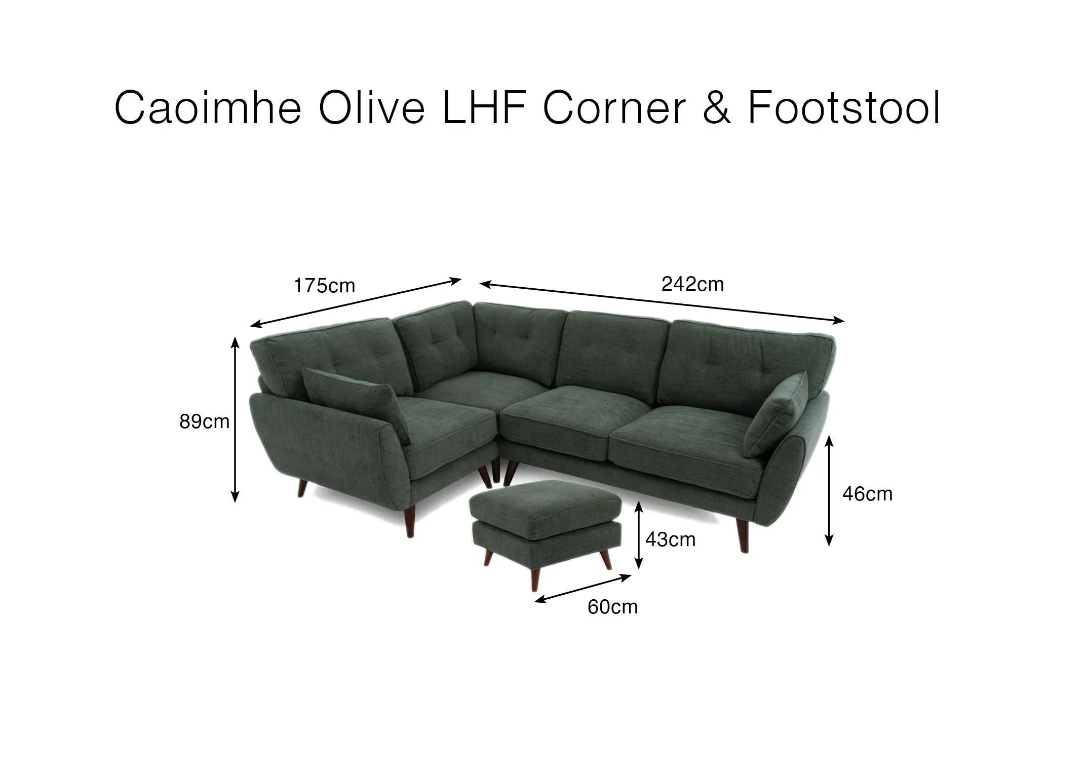 A dimension image of the Caoimhe Olive Corner sofa and footstool with 242cm x 175cm x 60cm x 43cm