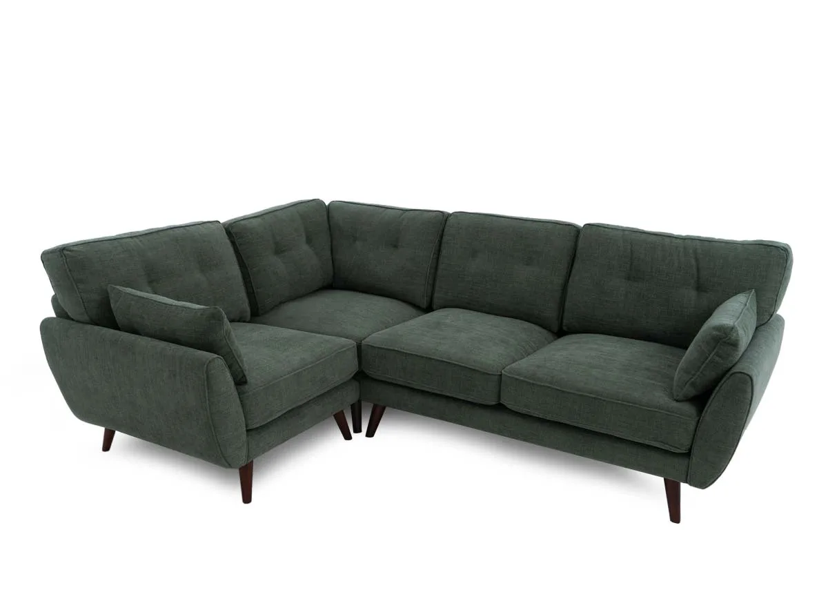 An olive green corner sofa from EZ Livings Caoimhe range. Angled view of 2 seater