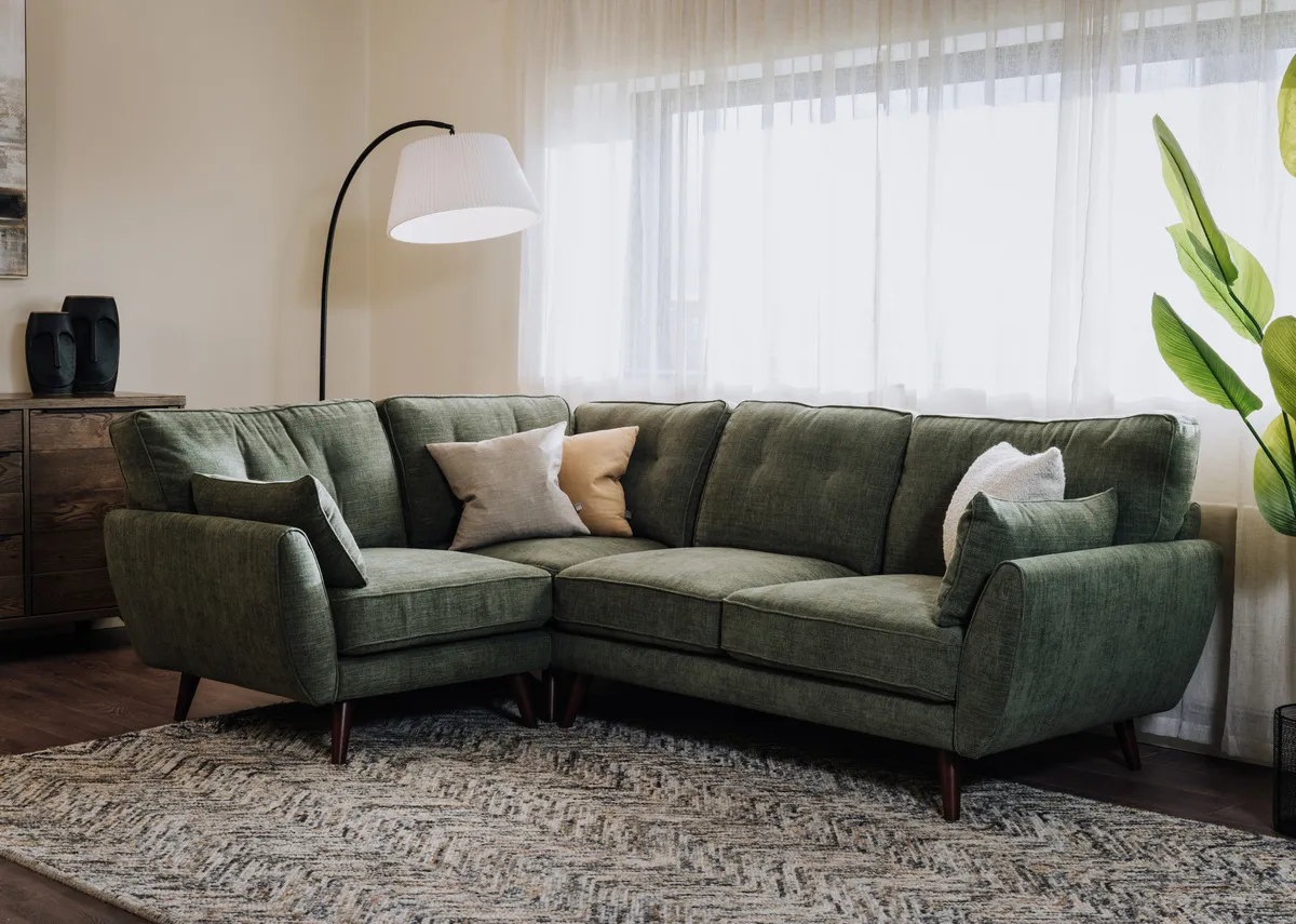 Olive Green Fabric LHF Corner Sofa with Free Footstool - Caoimhe