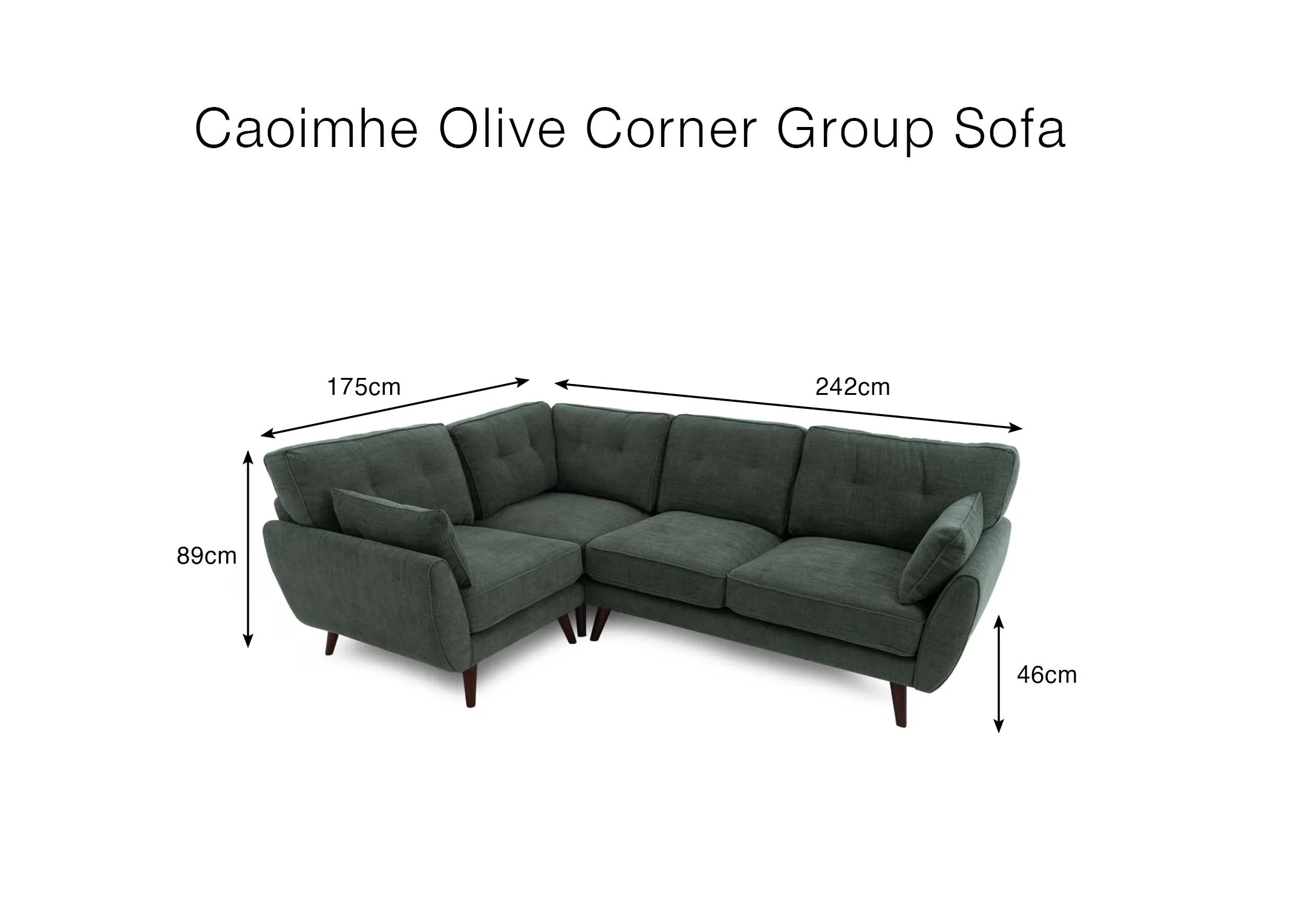 A dimension image of the Caoimhe green fabric corner sofa with 242cm x 175cm x 89cm