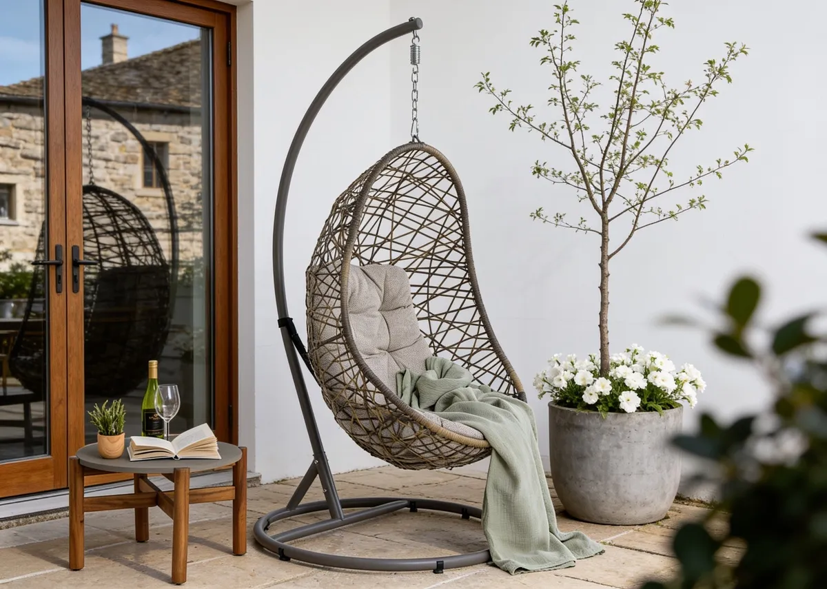 A lifestyle image of the Cabo egg chair on a  patio with Palma side table.