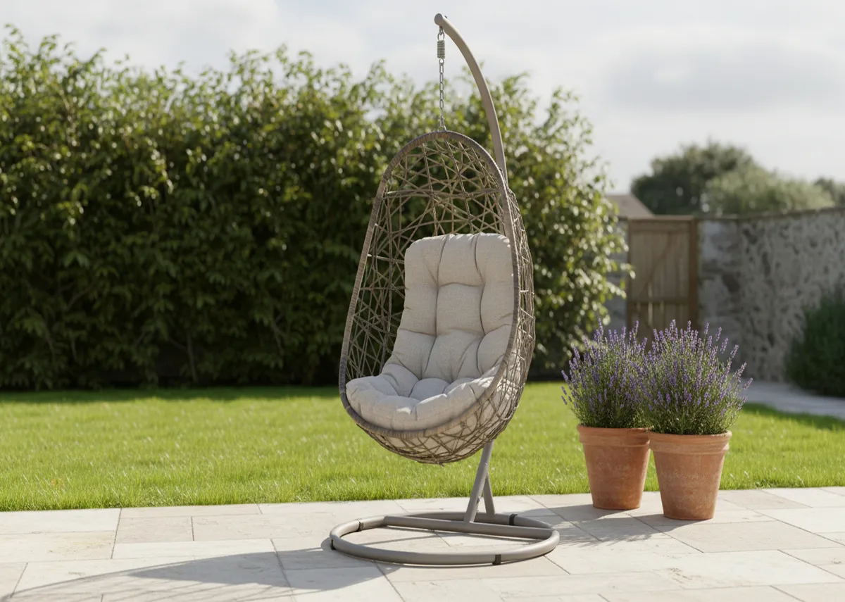 A lifestyle image of the Cabo egg chair within a back garden on a flat patio.