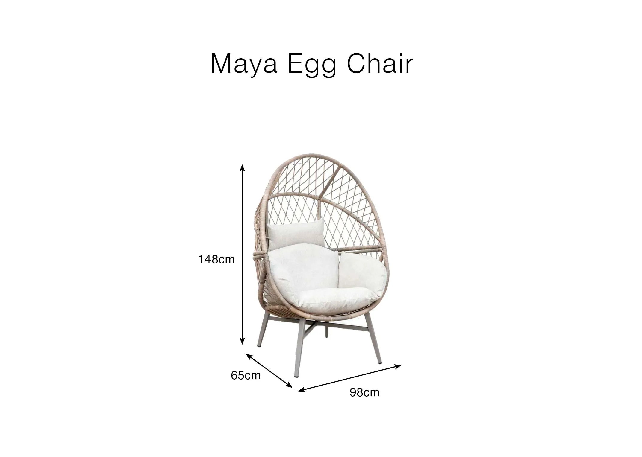 A dimension image of the Maya Egg Chair with 98cm x 65cm x 148cm