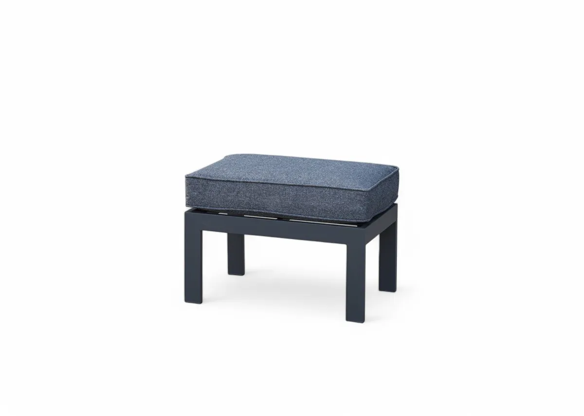 A grey garden ottoman with a fabric seat from EZ Livings Soho range. Angled view