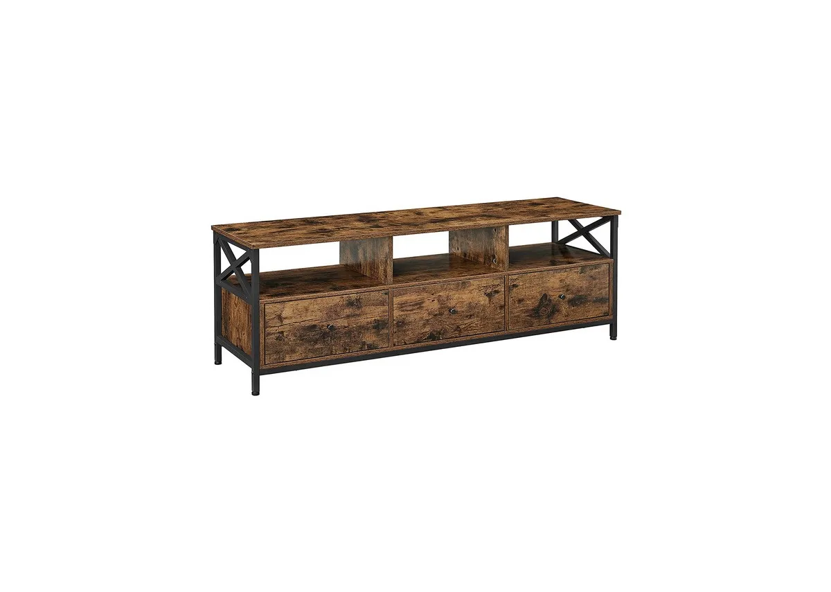 A 3 door 3 shelf tv unit from EZ Livings Luma range. Angled view of rustic finish and metal frame.