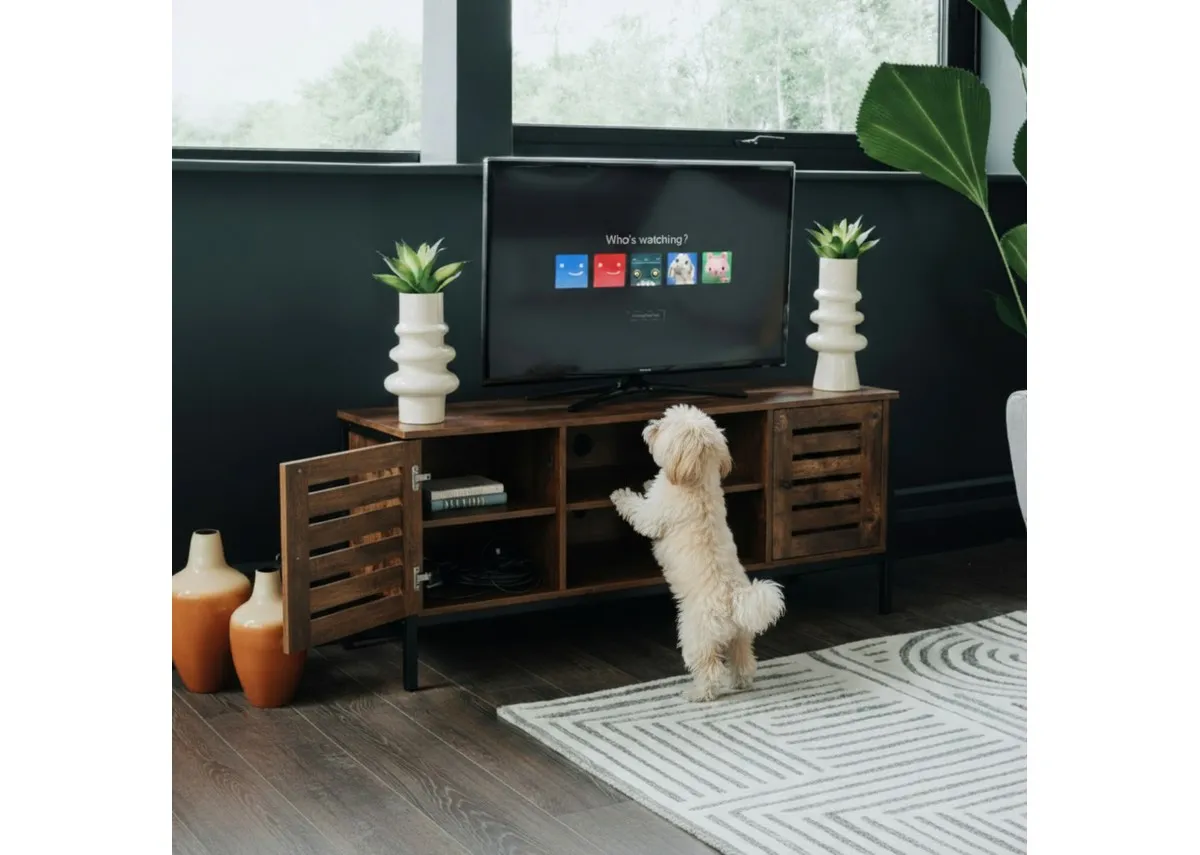 A lifestyle image of the Homeview tv stand with Lily the dog