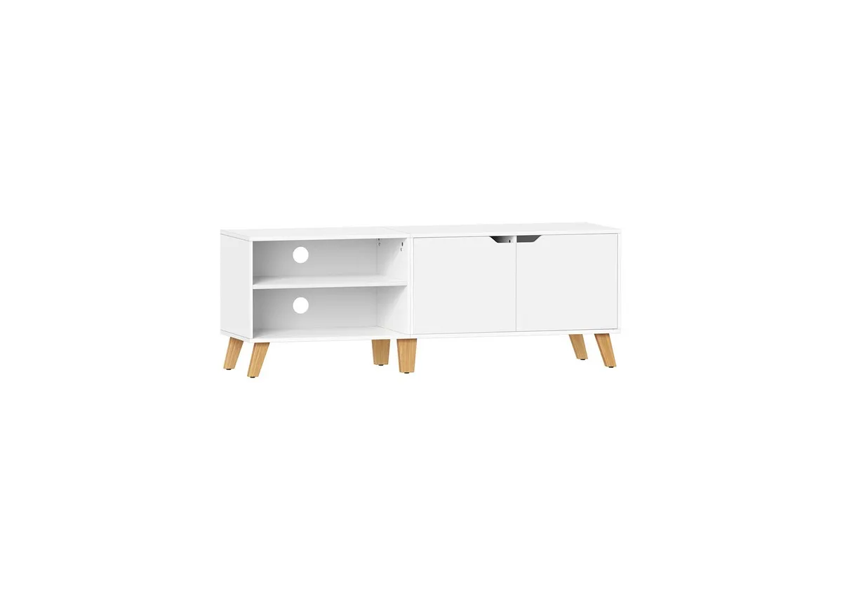 A 1 door white tv unit from EZ Livings Edgeline range. Angled view of 2 side shelves
