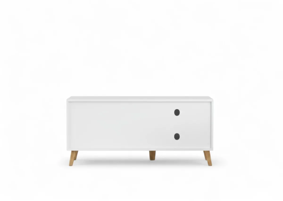 A 1 door white tv unit from EZ Livings Edgeline range. Back view shows holes for cables