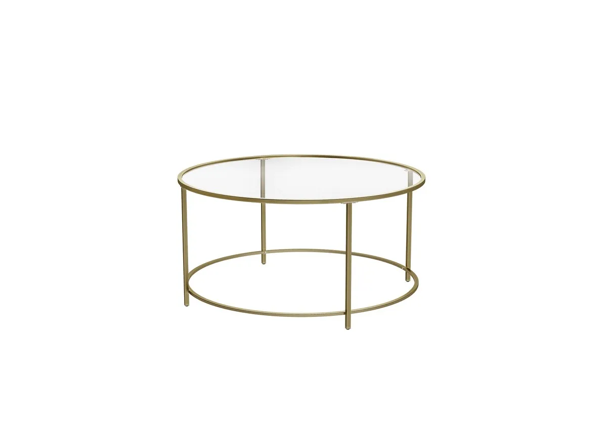 A round gold coffee table with glass top from EZ Livings Forge range. Angled view