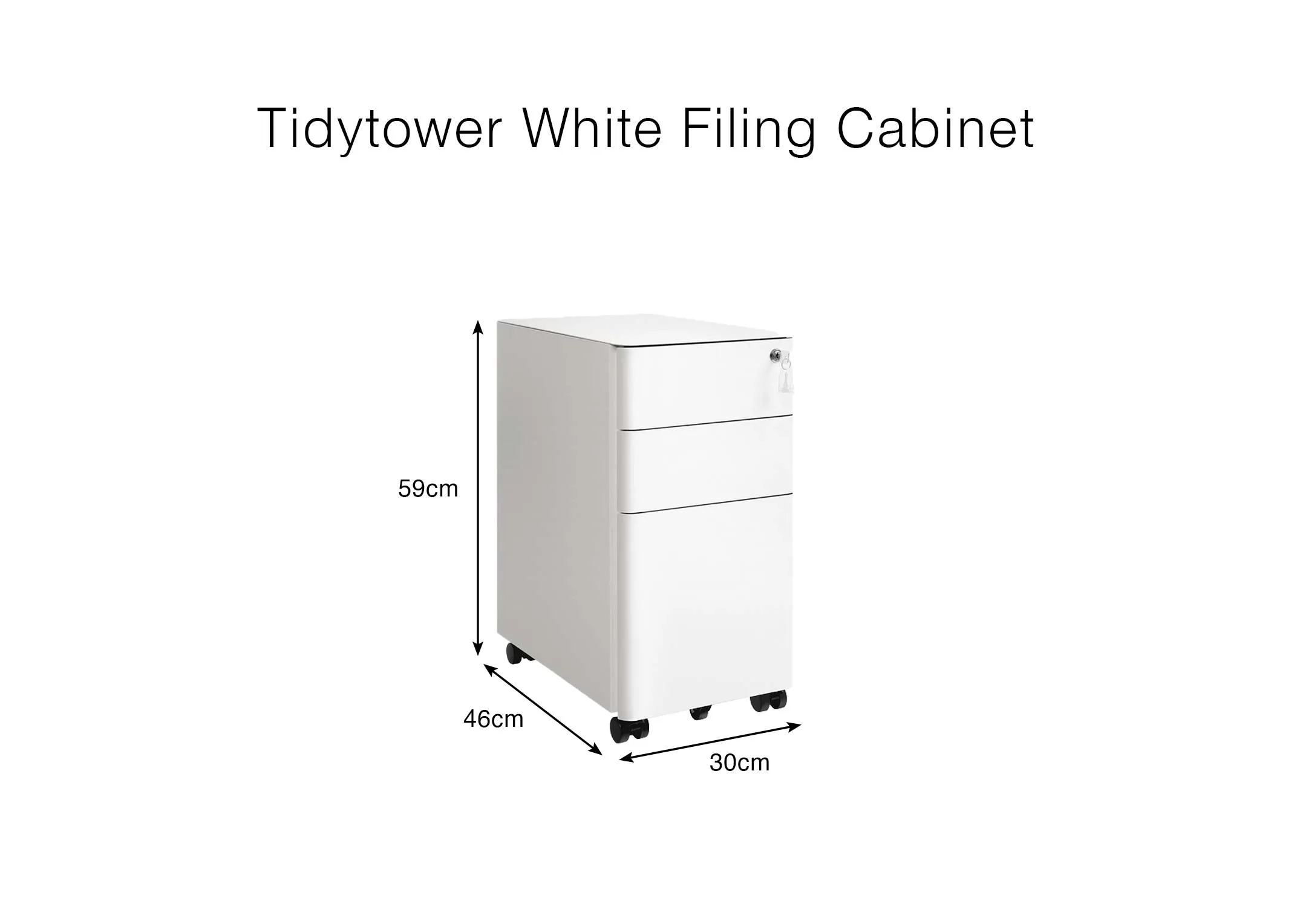 A dimension image of the Tidytower cabinet with 30cm x 46cm x 59cm