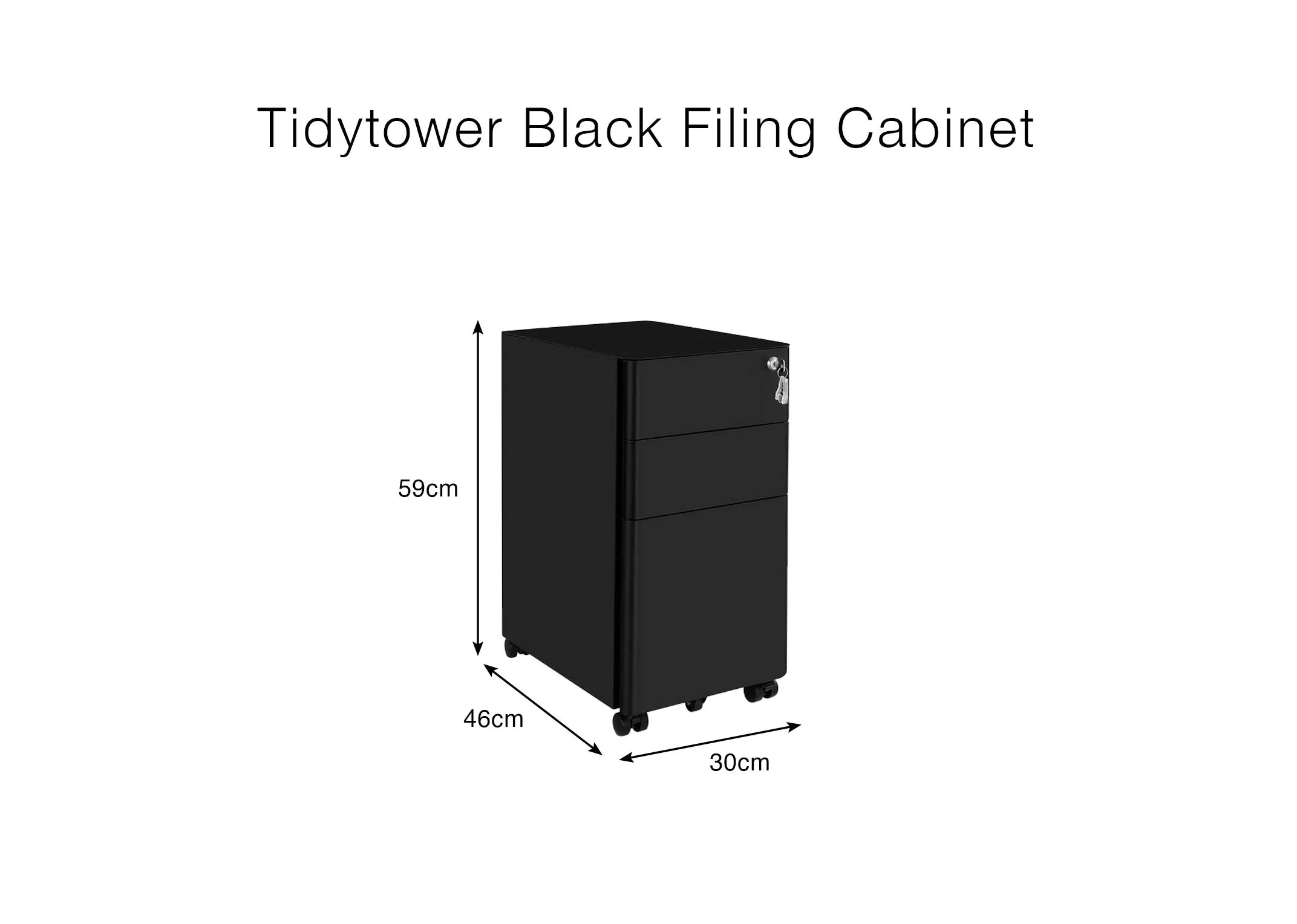 A dimension image of the Tidytower cabinet with 30cm x 46cm x 59cm
