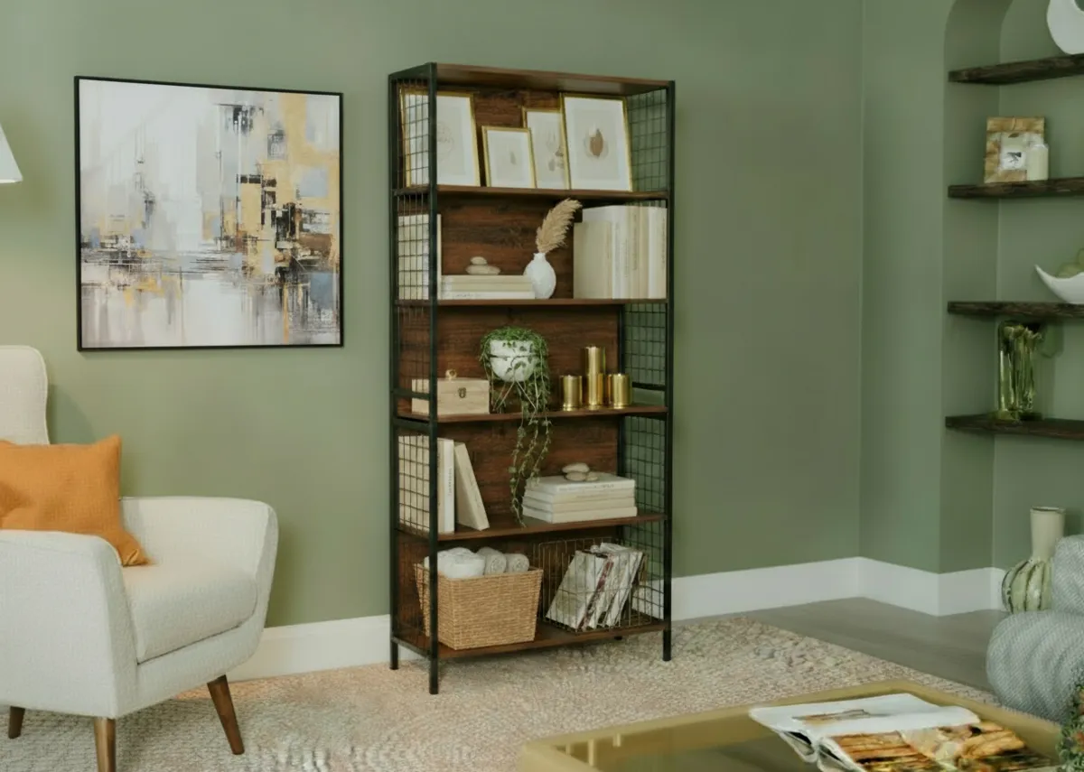 A lifestyle image of the Gridline book case with Stratus armchair.