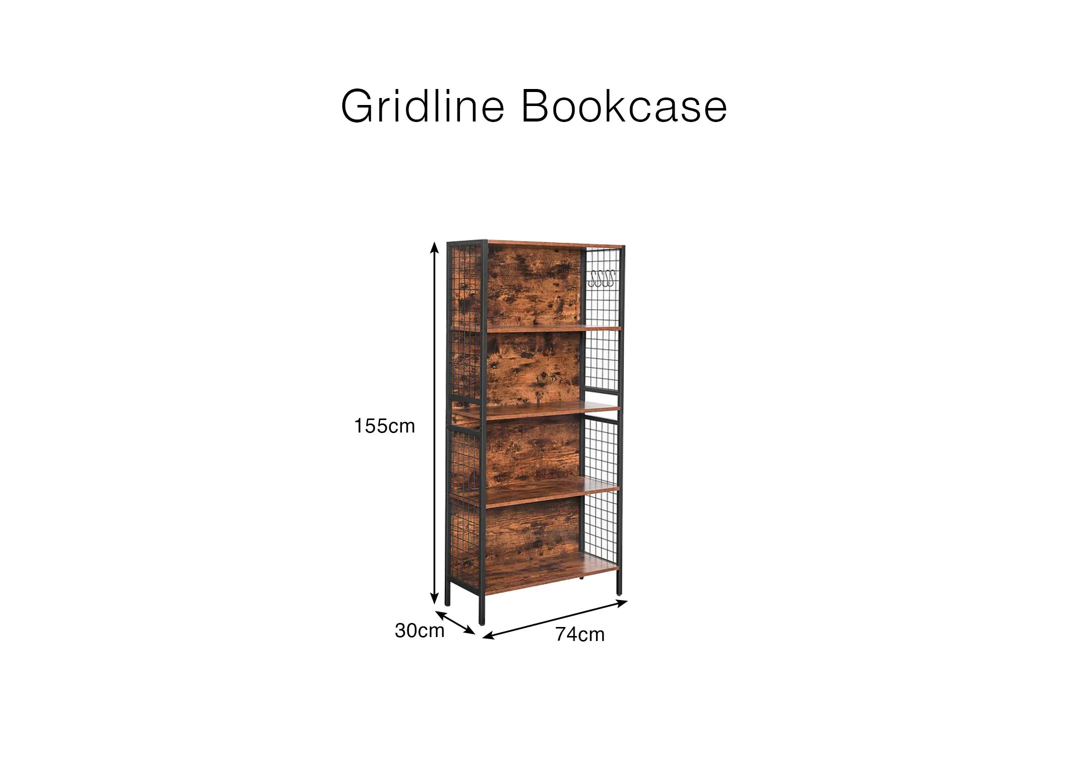 A dimension image of the Gridline Bookcase with 74cm x 155cm