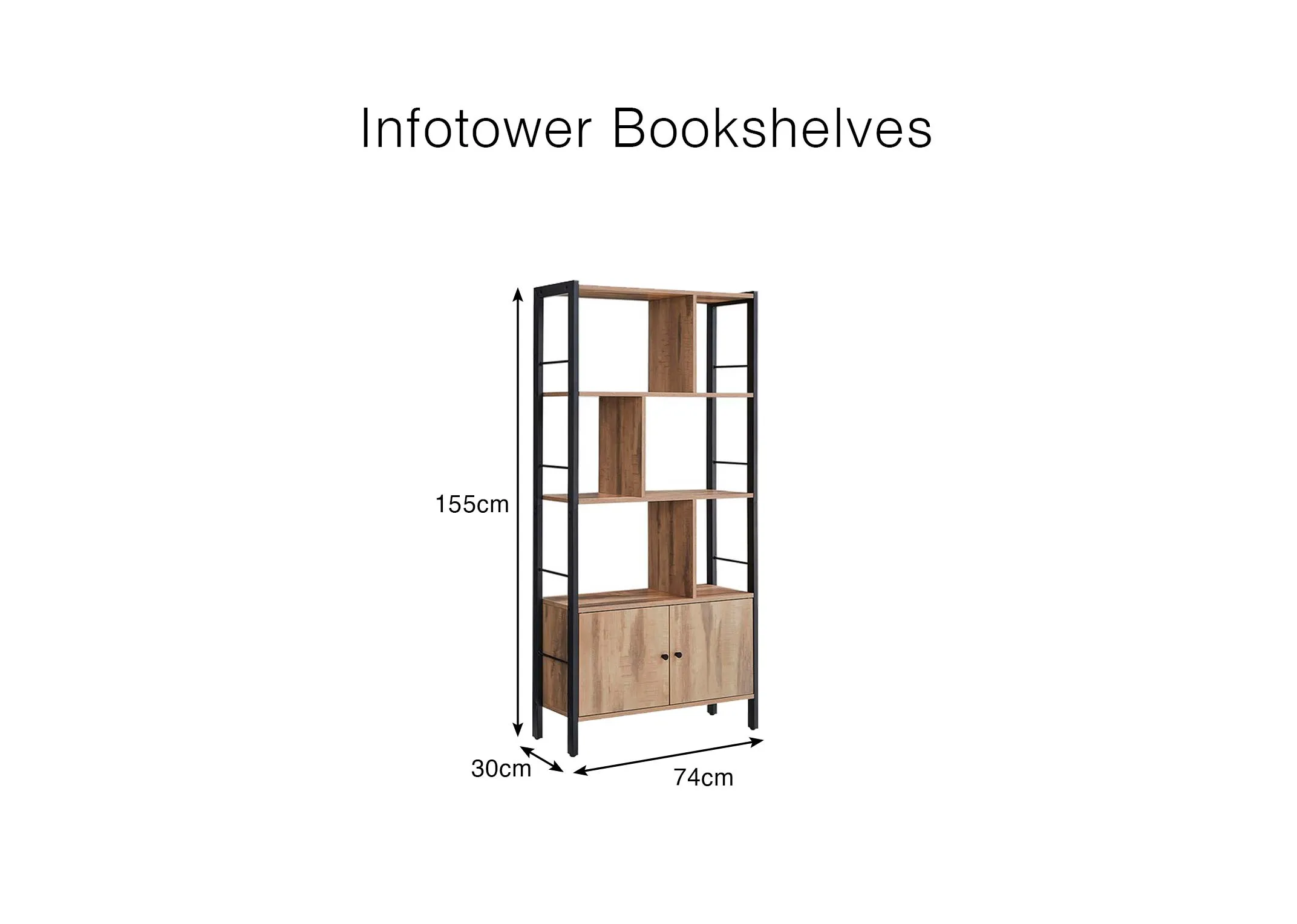 A dimension image of the Infotower bookcase with 74cm x 155cm