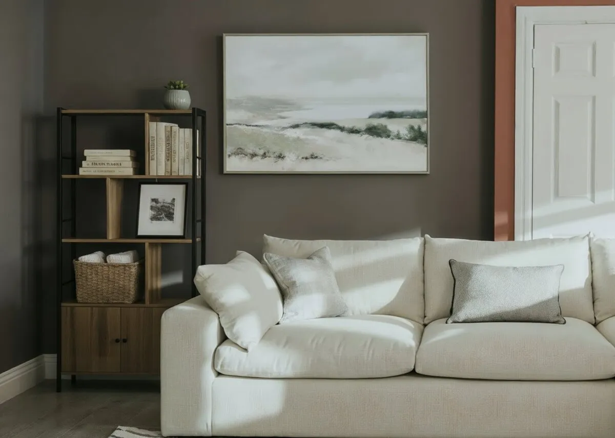 A lifestyle image of the Infotower bookcase with the Bunratty sofa.