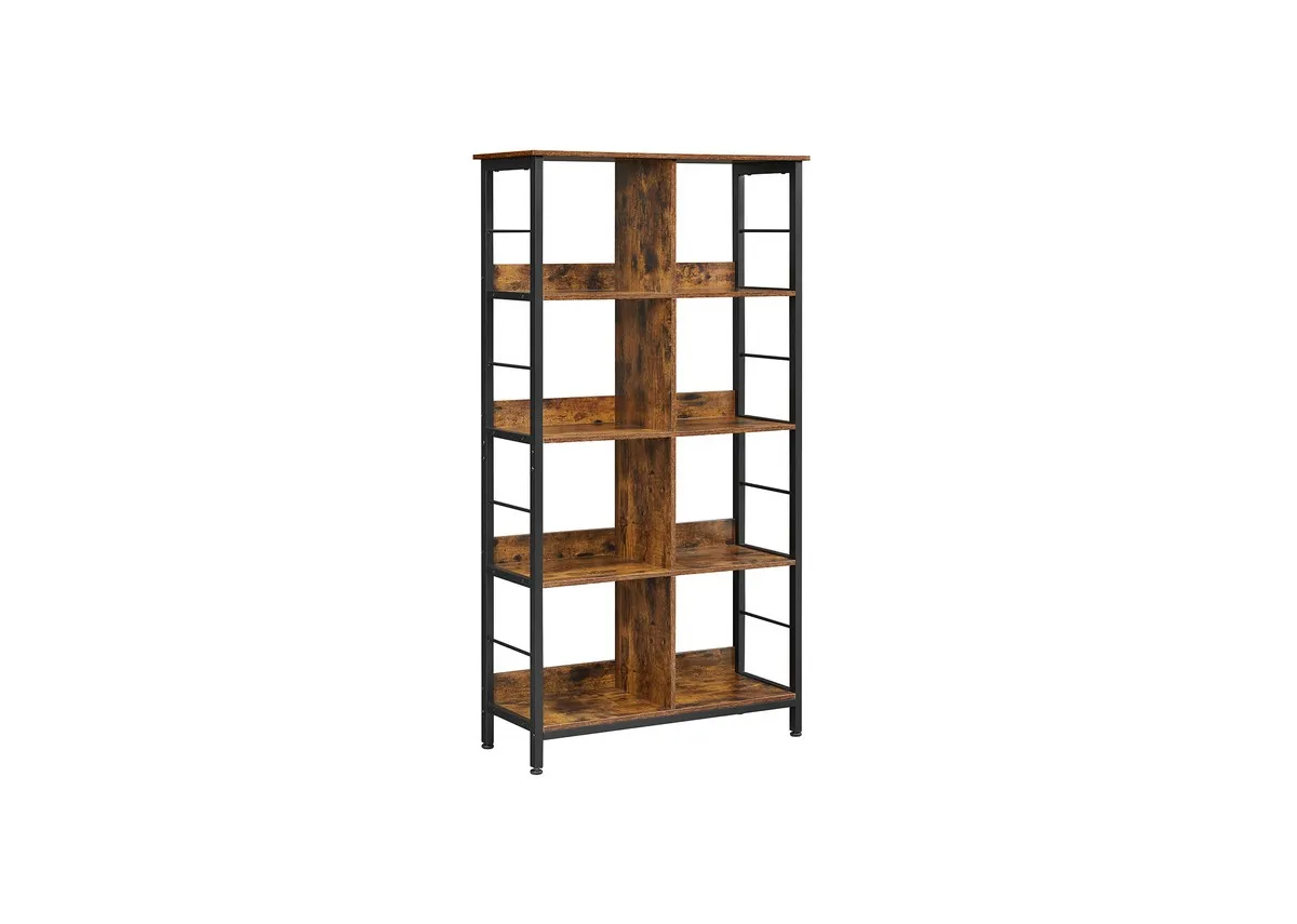 A 4 tier bookcase from EZ Livings Booknest range. Angled view of metal frame and rustic wood shelves