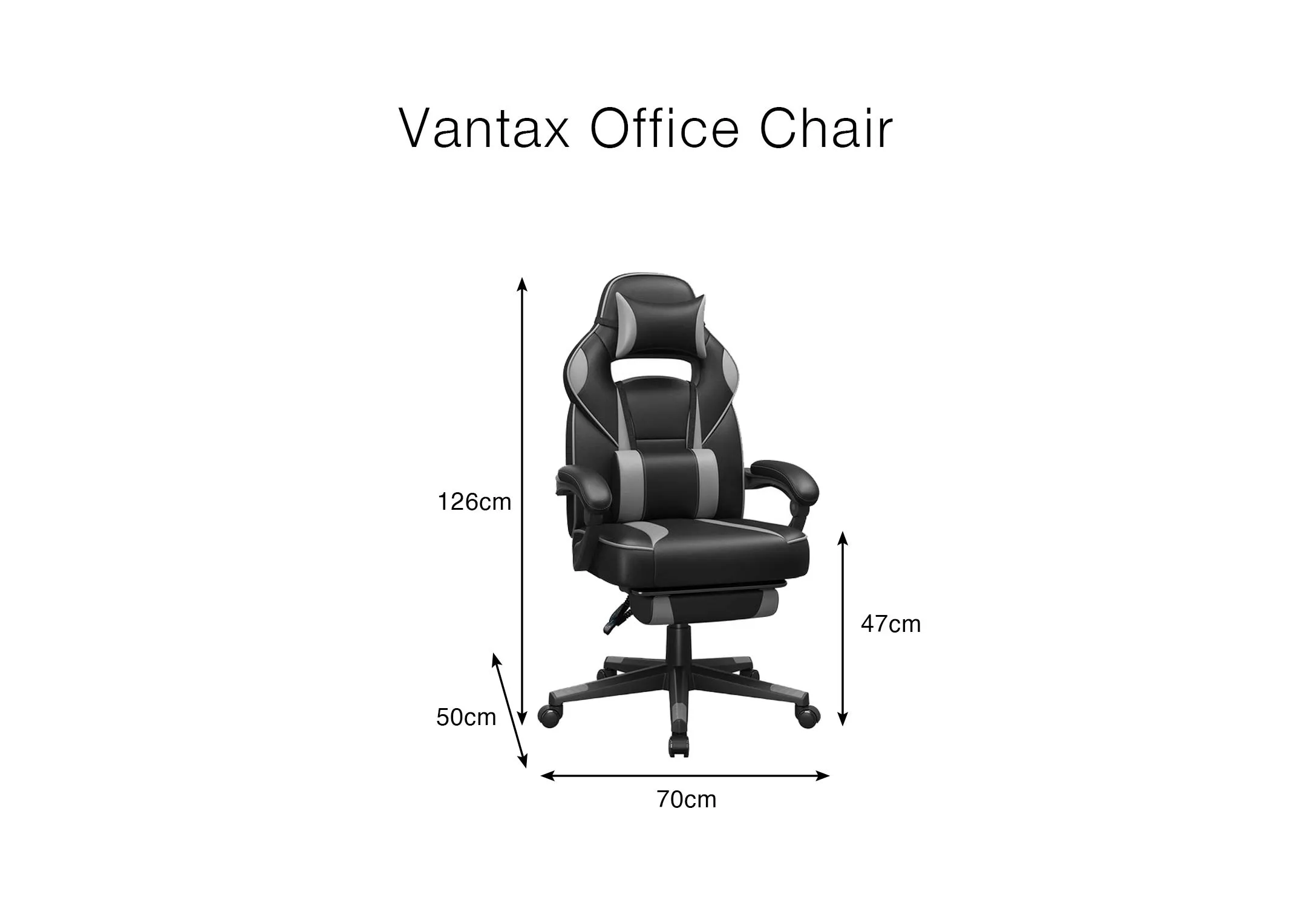 A dimension image of the Vantax office chair with 70cm x 125cm