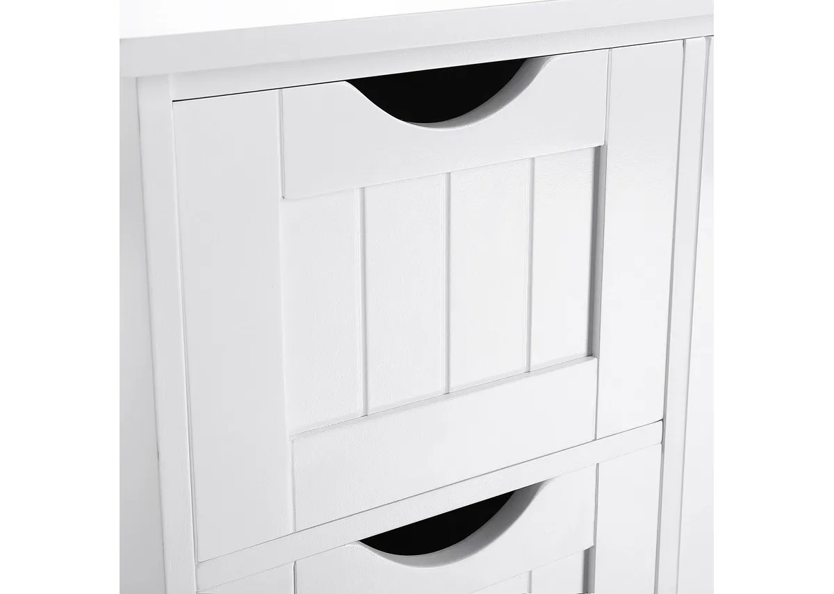 A white 1 door 4 drawer cabinet from EZ Livings Barnaby range.Closeup of panelled finish