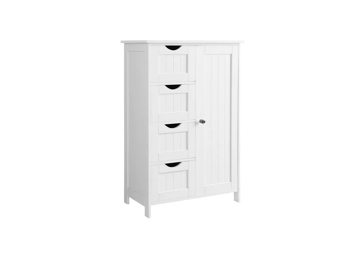 A white 1 door 4 drawer cabinet from EZ Livings Barnaby range. Angled view.