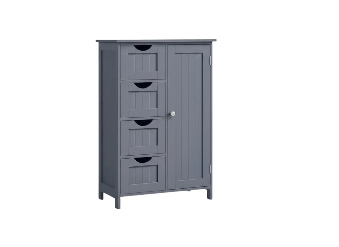 A 4 drawer 1 door grey cabinet from EZ Livings Barnaby range. Angled view