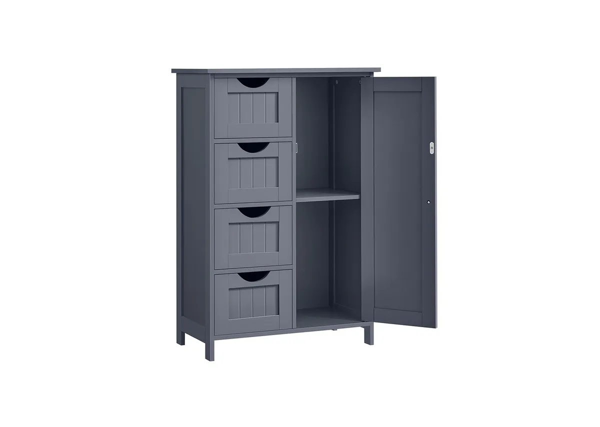 A 4 drawer 1 door grey cabinet from EZ Livings Barnaby range.Front view of door open shows shelving space