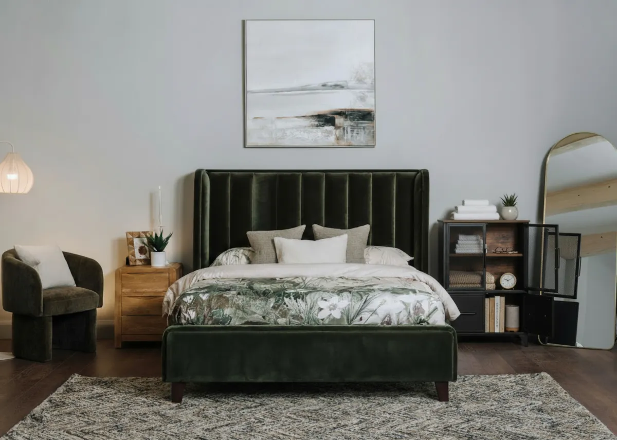 A lifestyle image of the Lowe bed with Bation cupboard.